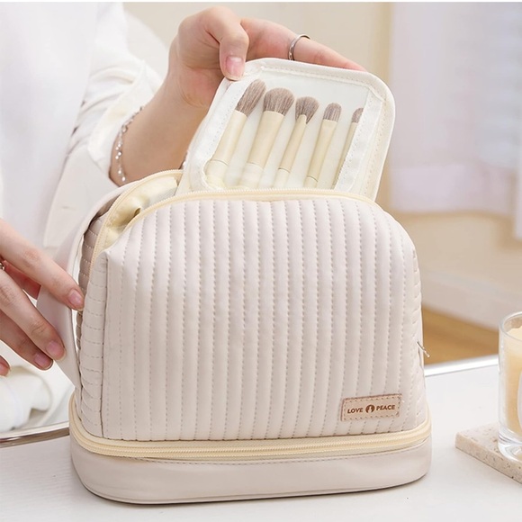 Large Makeup Bag Double Layer Cosmetic Travel Portable Leather Toiletry - Picture 5 of 7